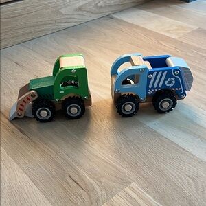 Wooden Green Bulldozer and Blue Recycling Truck Set